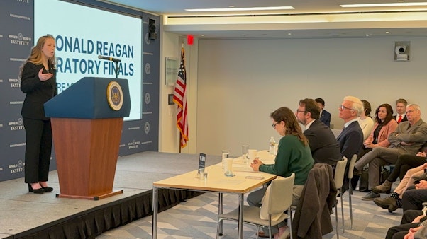 Oratory Finals 2024 Female Student at Presidential Podium