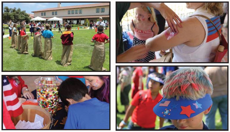 Collage of photos of kids playing outdoors and making arts and crafts