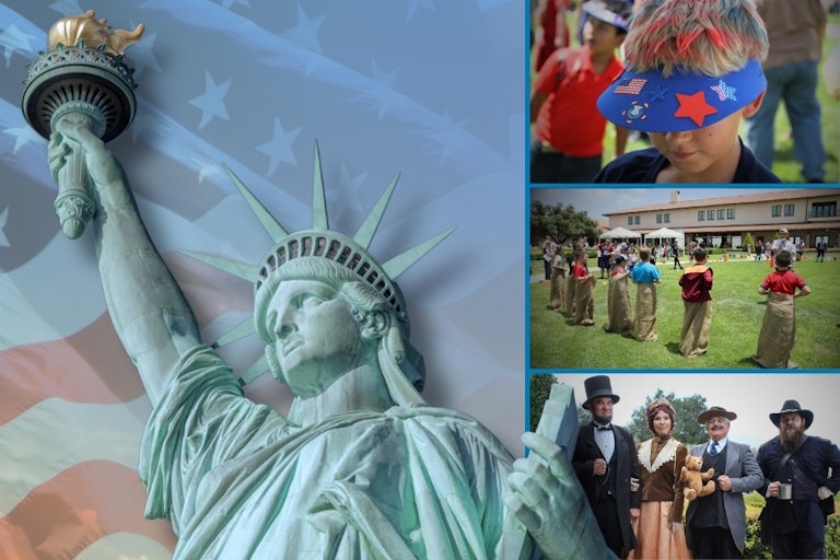 Collage of Statue of LIberty, children playing games, and president re-enactors.