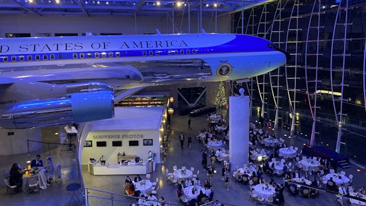Evening photo inside of the AIr Force One Pavilion, view of the AFO aircraft.
