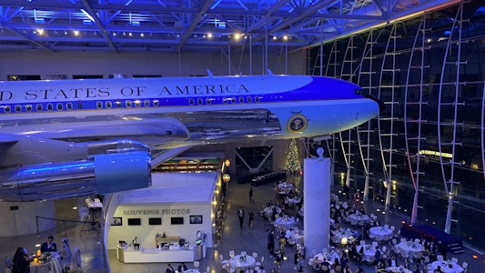 Evening photo inside of the AIr Force One Pavilion, view of the AFO aircraft.