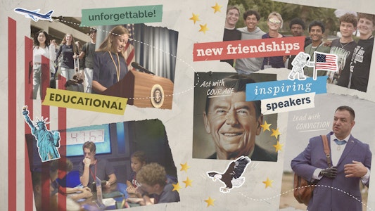 A collage of students, ronald reagan, and americana