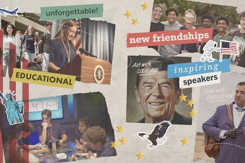A collage of students, ronald reagan, and americana