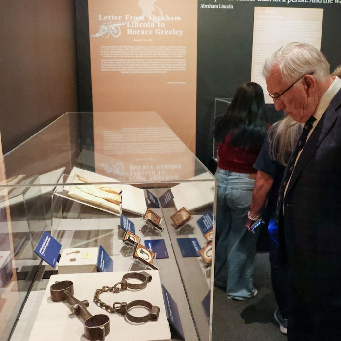 This remarkable case features the blood-stained gloves removed from President Abraham Lincoln after his assassination This remarkable case features the blood-stained gloves removed from President Abraham Lincoln after his assassination