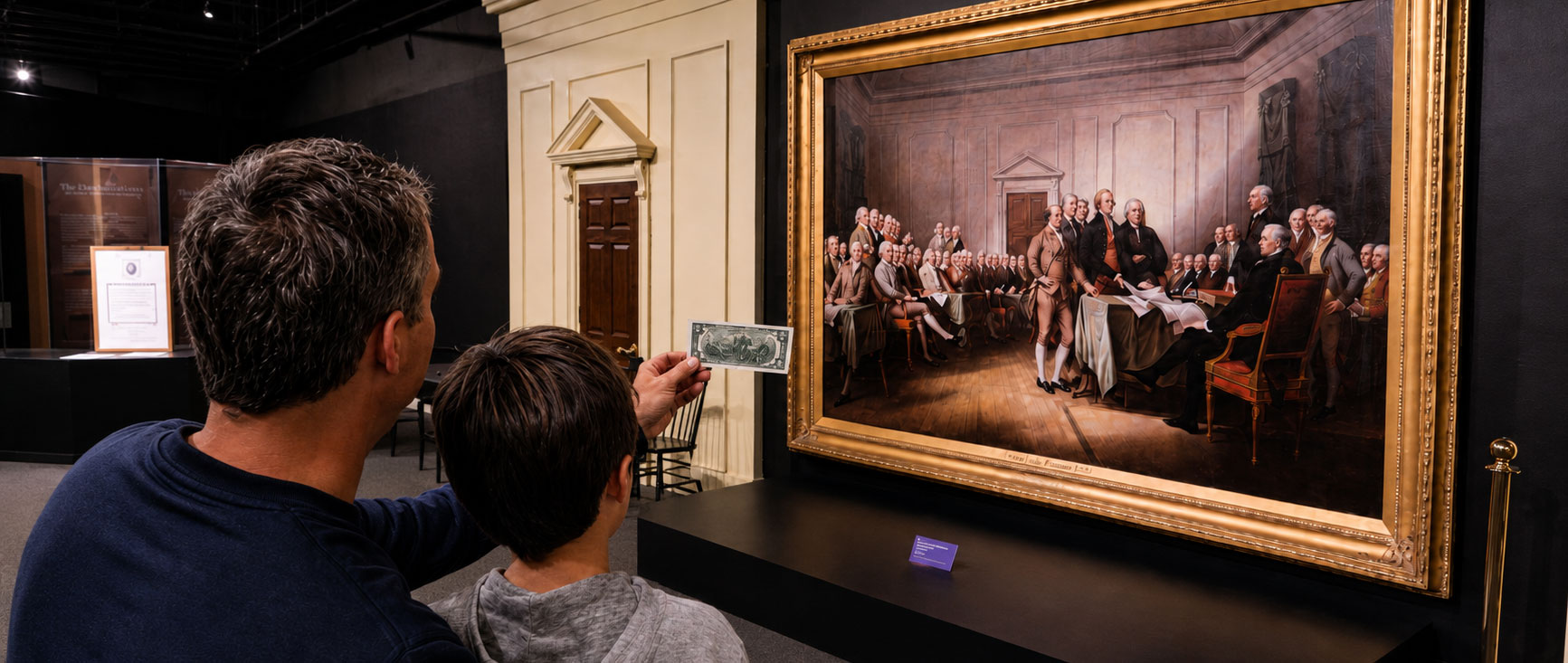 Adult and child looking at a $2 dollar bill in front of the John Trumbull painting of the signing of the Declaration of Independence