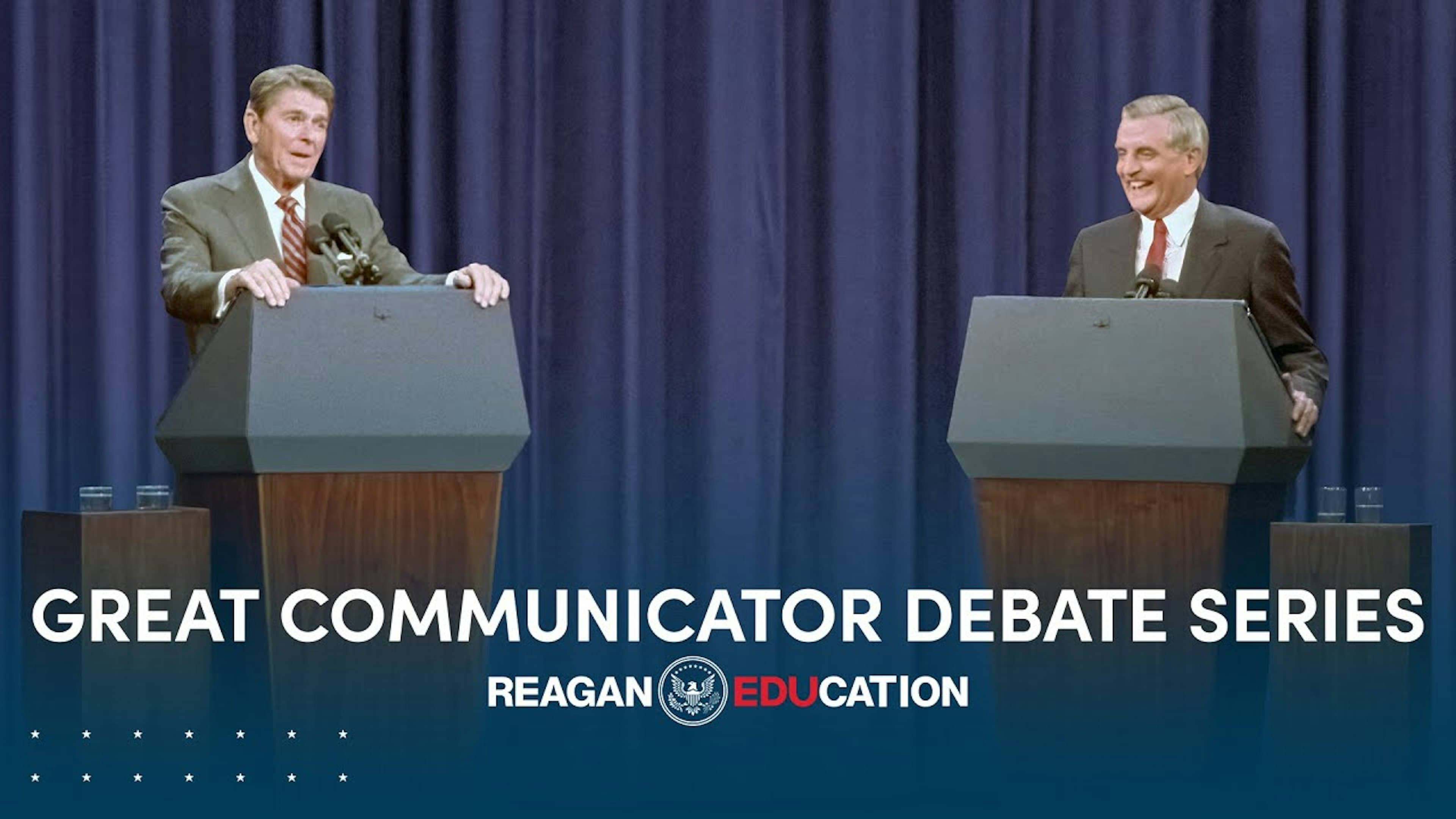 President Reagan standing at podium debating with opponent