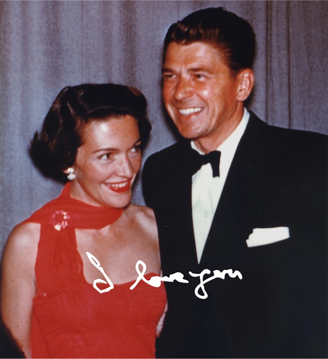 Nancy and Ronnie in red dress and tuxedo