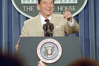 Reagan at microphone Reagan at microphone