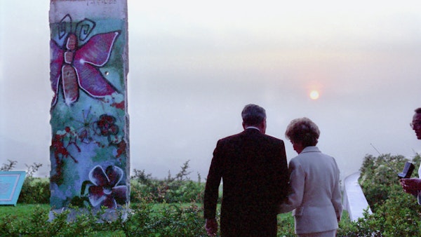 Nancy and Ronald Reagan with a piece of the Berlin Wall at the Reagan Library