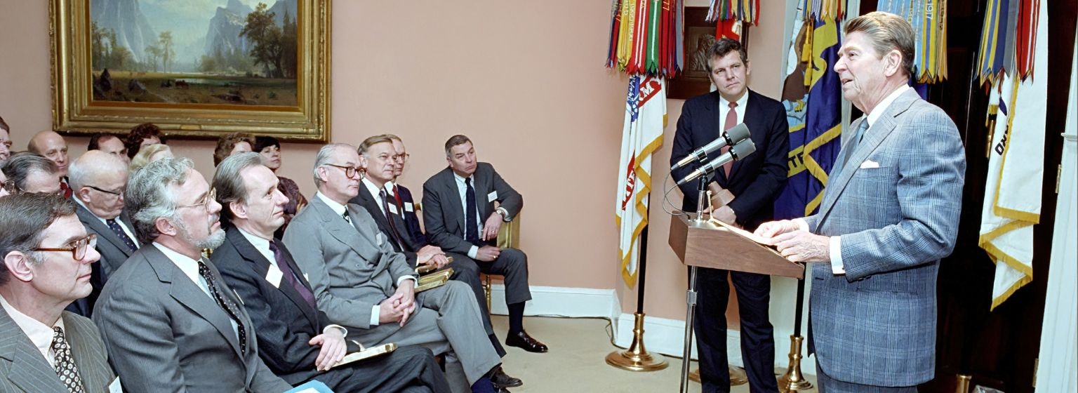 President Reagan participates in a photo opportunity with William J. Bennett, Chairman of the National Endowment for the Humanities. President Reagan participates in a photo opportunity with William J. Bennett, Chairman of the National Endowment for the Humanities.